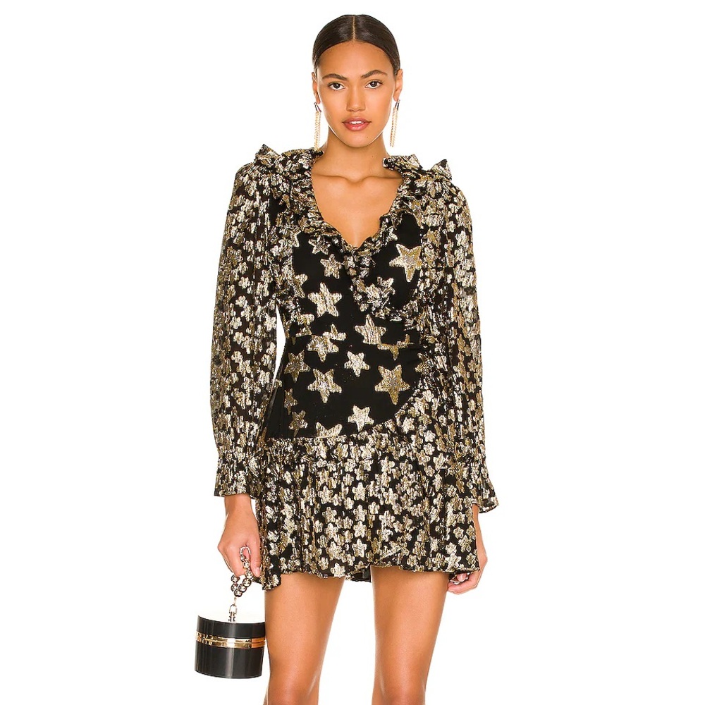 LoveShackFancy Black Findlay Gold Star Wrap Mini Dress